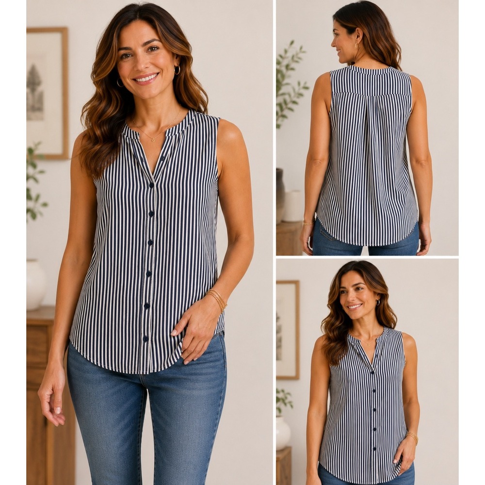Liz Claiborne Striped Sleeveless Top Women‎ XS Navy White Button V-Neck Rayon